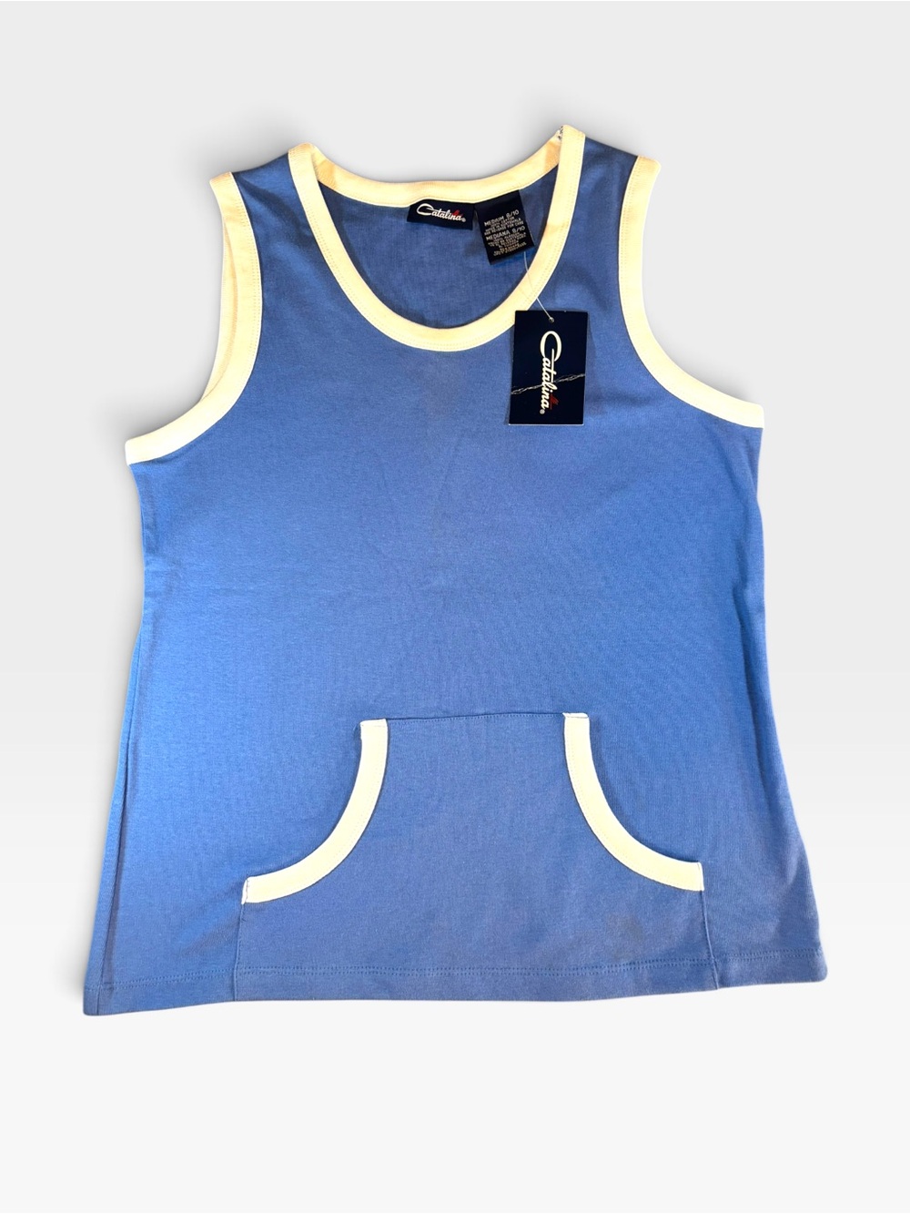NWT Vintage Catalina Ringer Tank Top Medium 8/10 Blue Kangaroo Pocket